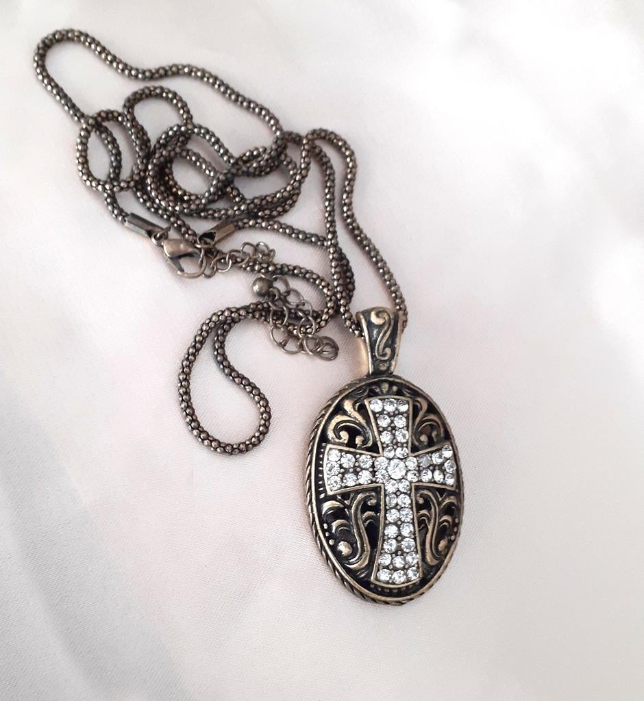 Ketting met hanger brons vintage met kruis en strass, Handtassen en Accessoires, Kettingen, Overige materialen, Bruin, Nieuw, Ophalen of Verzenden