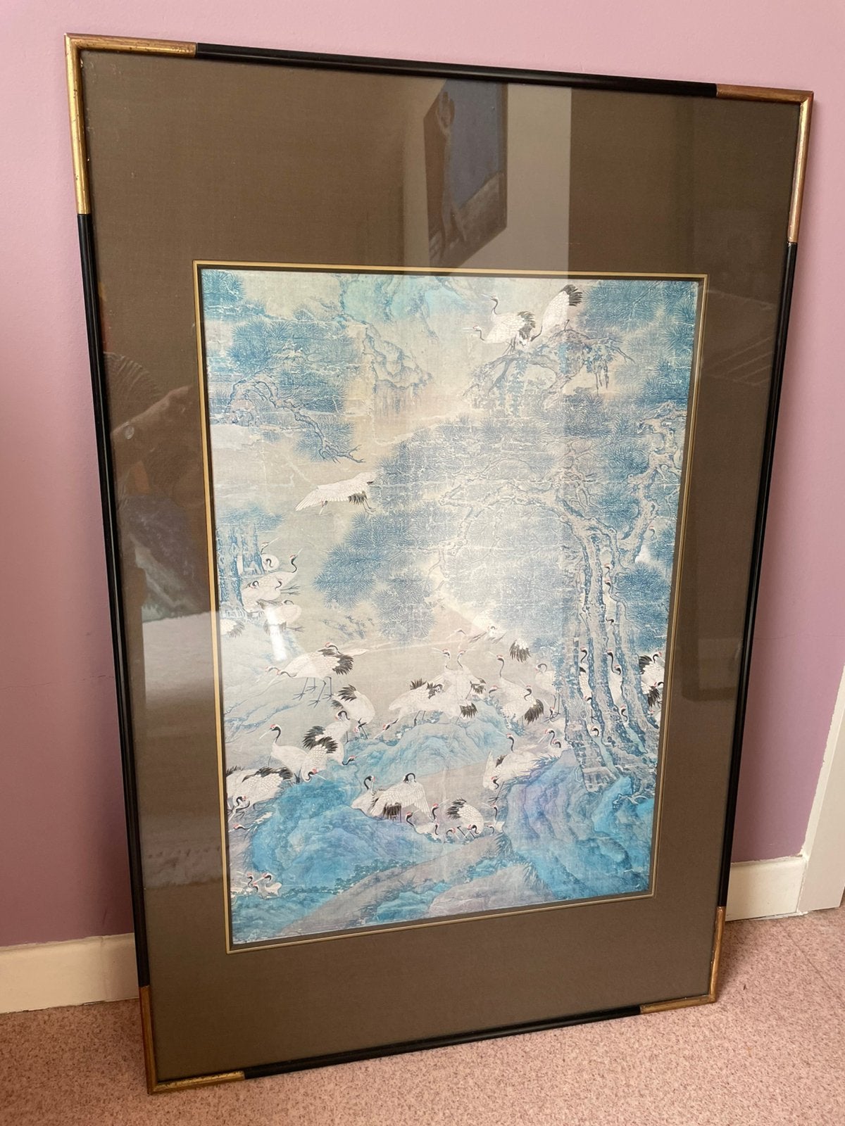 Japans schilderij met kraanvogels in kader, Ophalen, Overige stijlen, Doek, Overige technieken