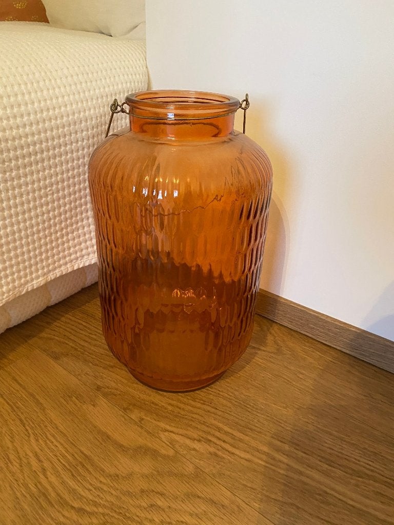 Grande lanterne / photophore en verre ambré avec anse, Verre, Enlèvement, Orange, Lanterne