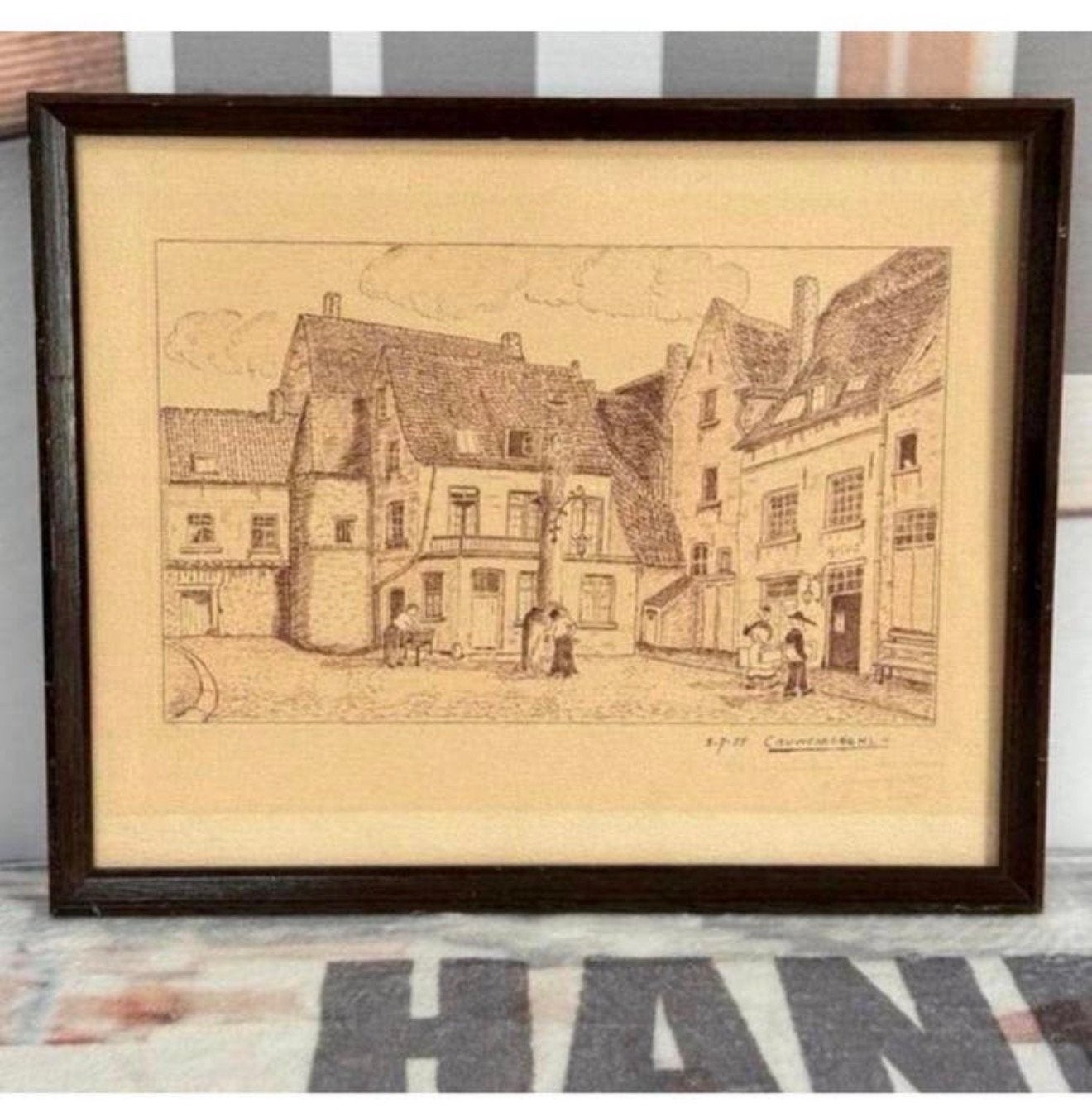 1955 tekening gesigneerd Cauwenberg HS.H op het dorpsplein, Ophalen of Verzenden