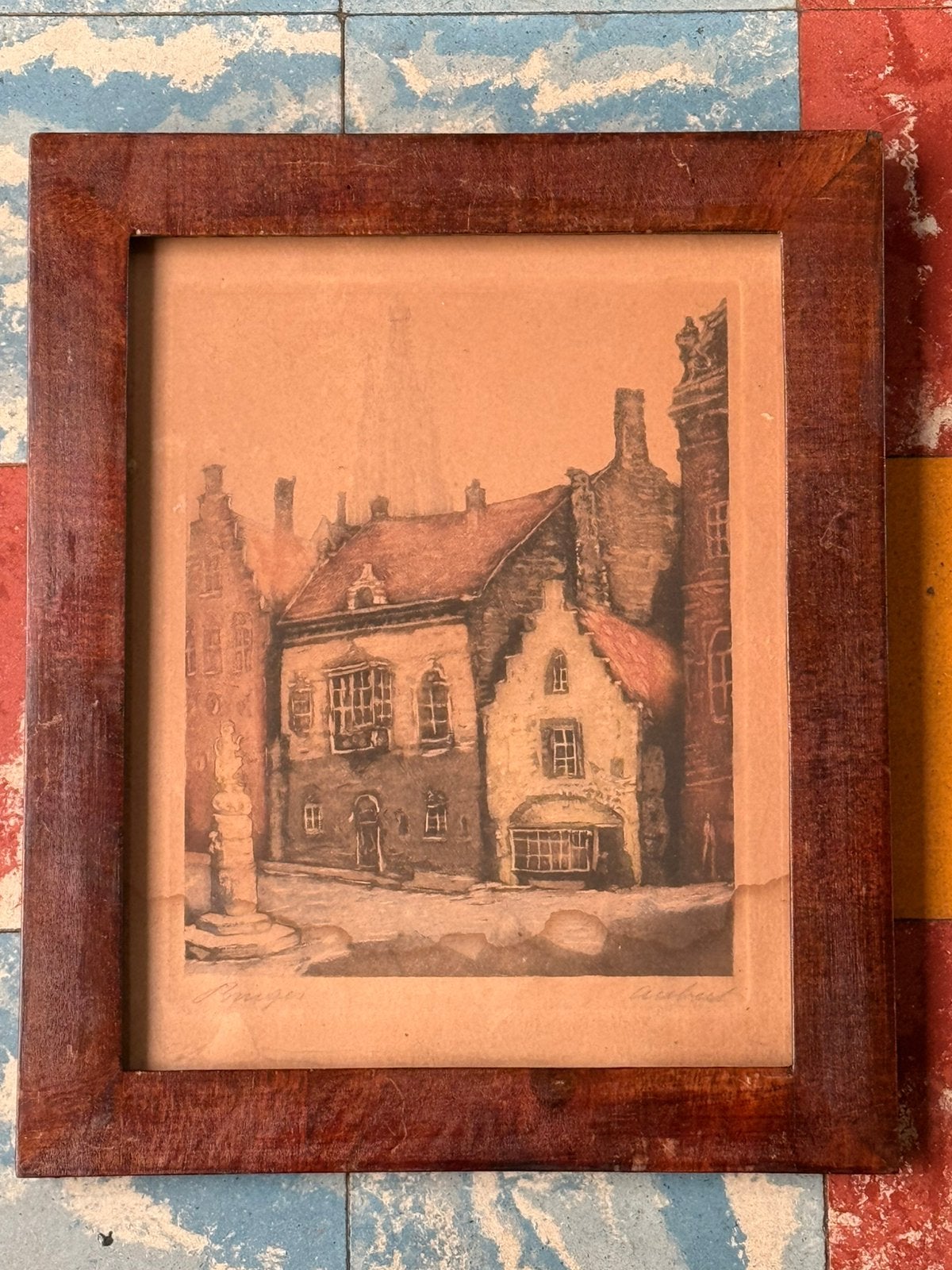 Antieke gekleurde ets – Brugge – gesigneerd Aubert, Enlèvement ou Envoi, Signé, Dessin, Papier
