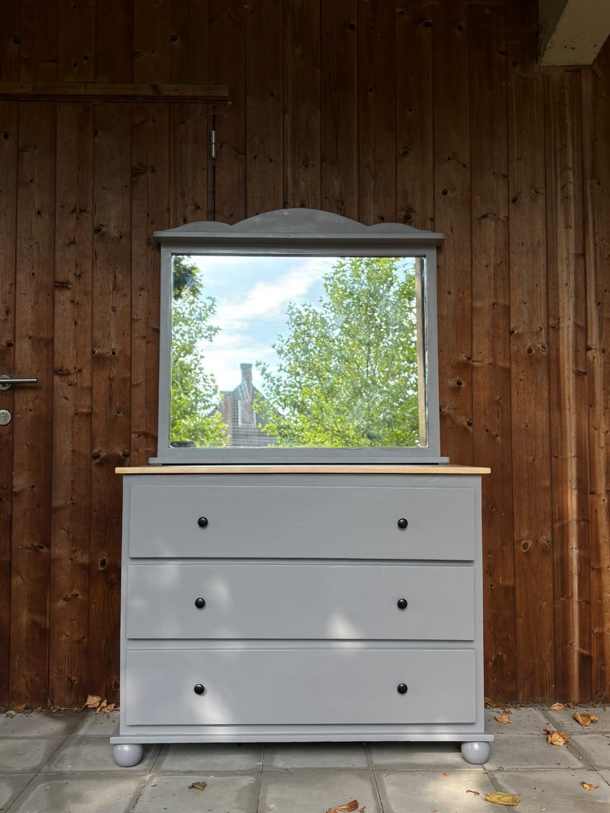 grenen ladekast/commode + spiegel - grijs & hout, Huis en Inrichting, Ophalen, Zo goed als nieuw
