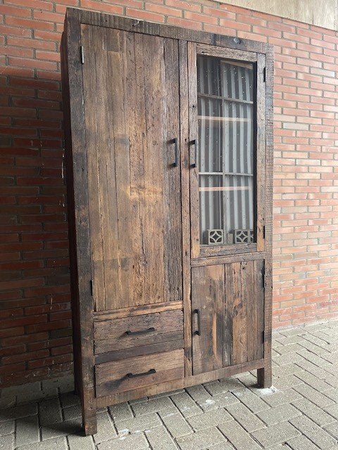 Kabinet oud hout 100 cm breed 180 hoog 2 lades 3 x deuren, Verzenden, Nieuw