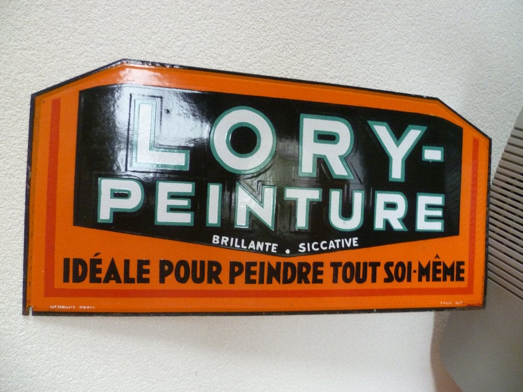 PLAQUE DOUBLE FACE EN ÉMAIL «LORY PEINTURE » DES ANNÉES 1930, Collections, Enlèvement ou Envoi, Utilisé, Panneau publicitaire