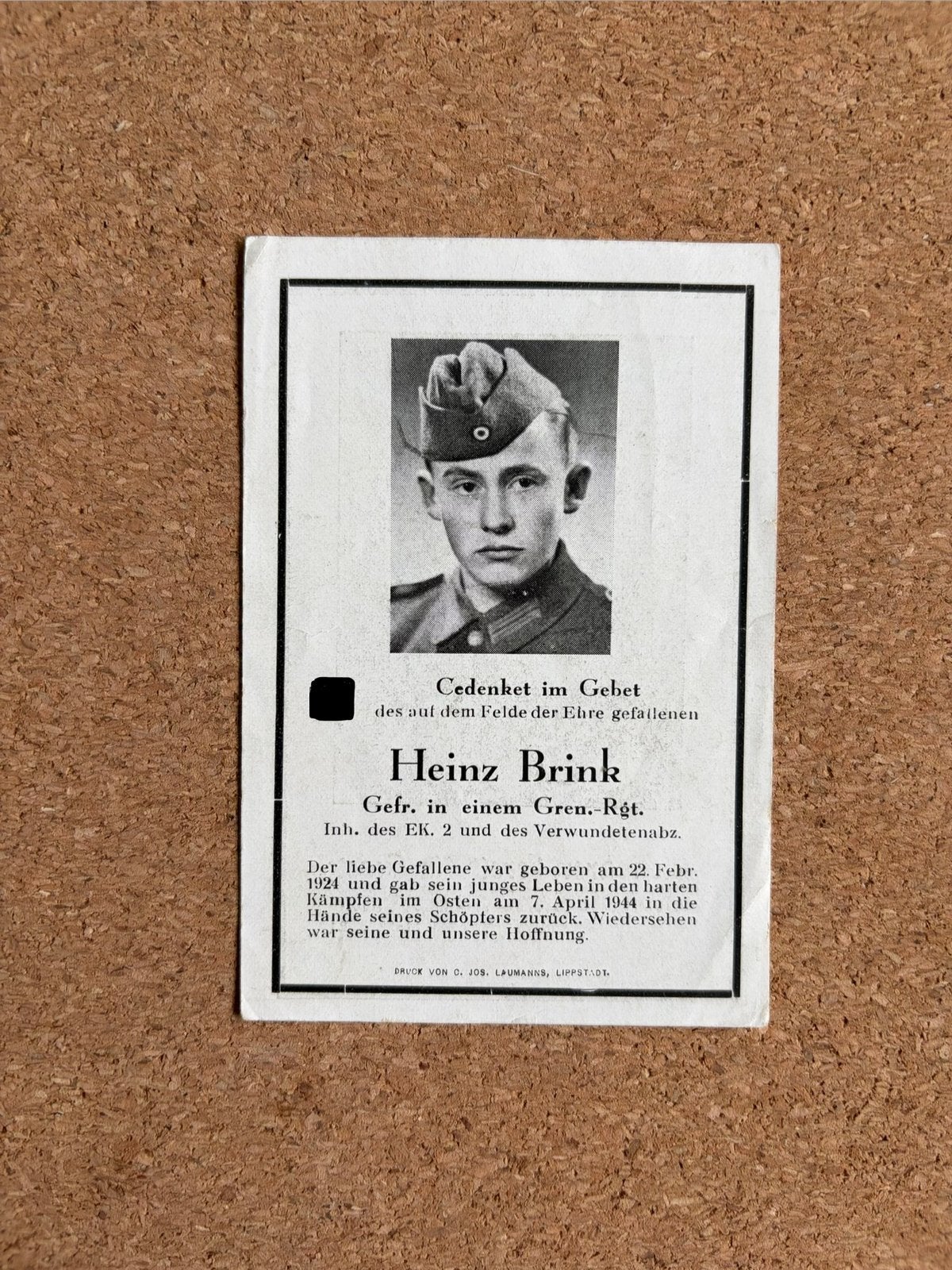 Duits Bidprentje WO2 - Gren.-Rgt. EK2 (Oosten 1944), Verzamelen, Ophalen of Verzenden