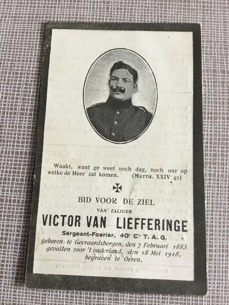 Soldat Van LieferingeGeraardsbergen tué en 1918 WOI, Envoi, Image pieuse