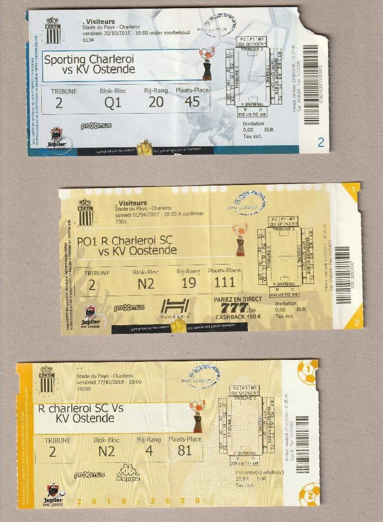 4 tickets diff. (utilisés) Charleroi - Oostende, 2015-2019, Enlèvement ou Envoi, Utilisé, Autres types
