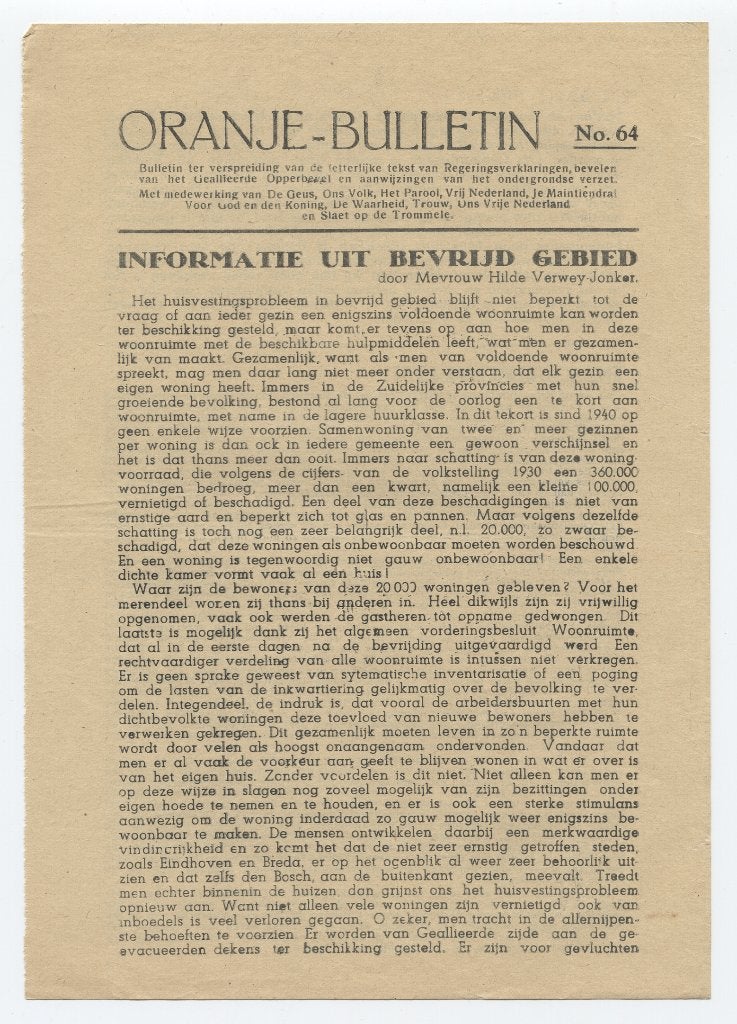 (Illegaal) Oranje bulletin nr.64 1945, Verzenden, Landmacht, Foto of Poster