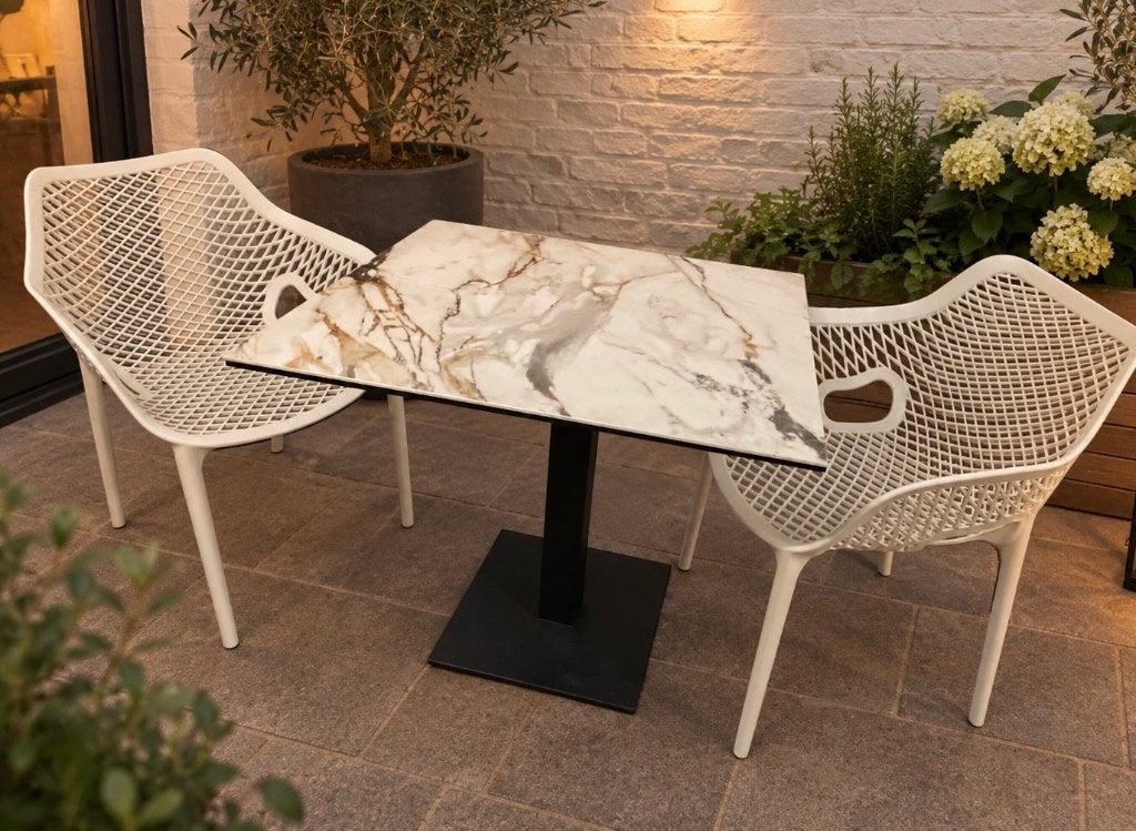 terrastafeltje met keramisch blad en alu frame + stoelen, Tuin en Terras, Ophalen, Zo goed als nieuw, Rechthoekig, Aluminium