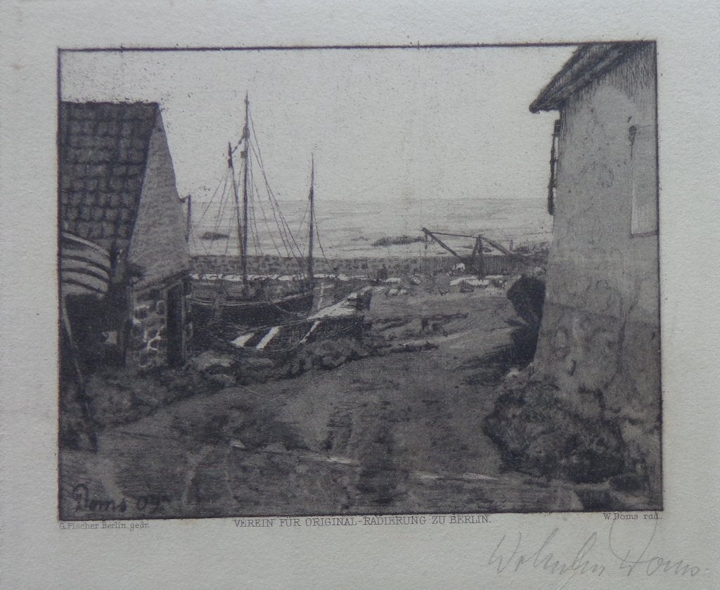 WILHELM DOMS / VISSERSBOTEN OP STRAND / ZW-W GRAVURE 19x23cm, Ophalen of Verzenden, Landschap, Gravure, Gesigneerd