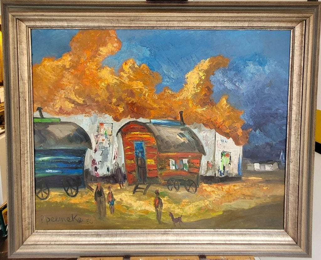 Paul PERMEKE, bij de woonwagens, Ophalen, Doek, Expressionistisch, Gedateerd
