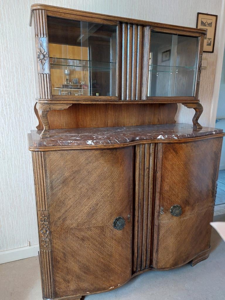 Oude tweedelige buffet/vitrinekast uit de jaren 1930, Antiek en Kunst, Antiek | Meubels | Kasten, Ophalen