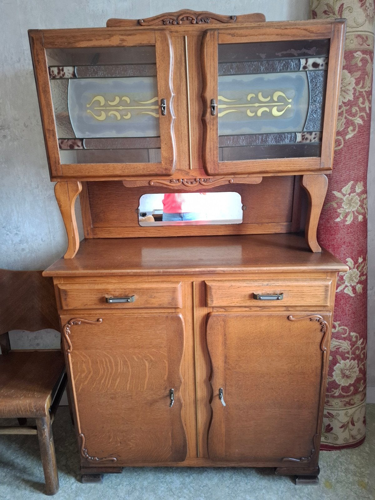 Prachtige Antieke Eiken Buffetkast met Art Deco Glas, Antiek en Kunst, Antiek | Meubels | Kasten, Ophalen