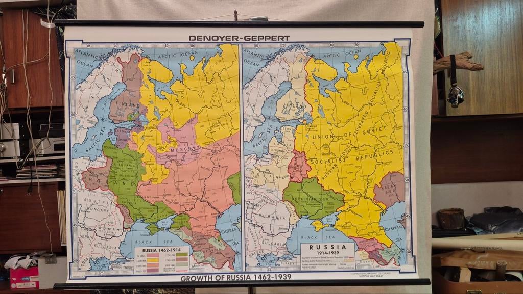 Vintage schoolkaart Rusland – groei 1462–1939 – historische, Antiek en Kunst, Ophalen of Verzenden