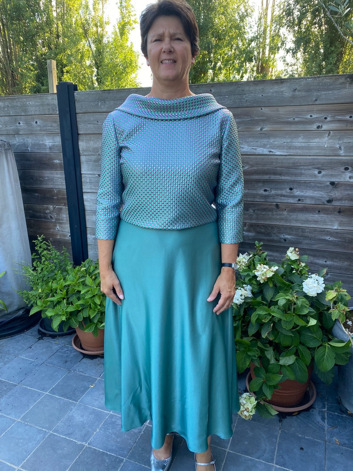Groen ensemble van Oni Onik maat 42/44, Kleding | Dames, Gelegenheidskleding, Ophalen, Overige typen, Maat 42/44 (L), Zo goed als nieuw