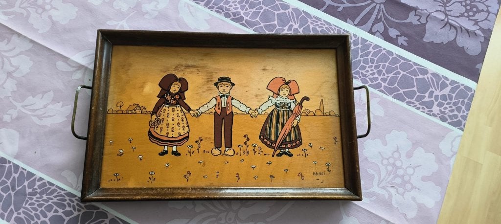 Vintage houten dienblad met metalen handvaten, Ophalen