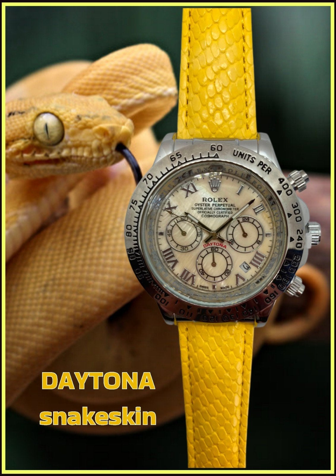 ROL DYT Snakeskin geel, Handtassen en Accessoires, Horloges | Dames, Leer, Staal, Polshorloge, Nieuw