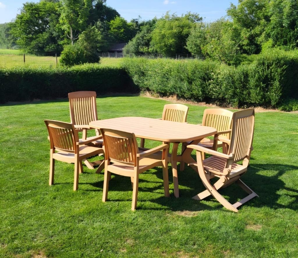 Tuinmeubelenset 6 pers. kunststof- teak look, Tuin en Terras, Ophalen, Tuinset