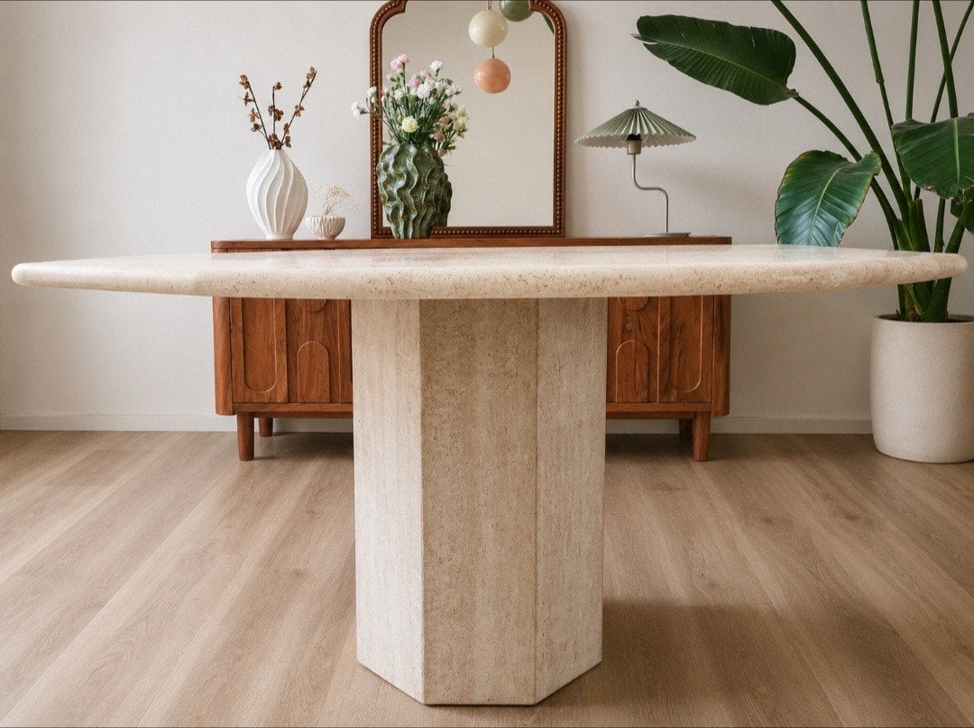 Vintage travertin eettafel octagon, Huis en Inrichting, Ophalen
