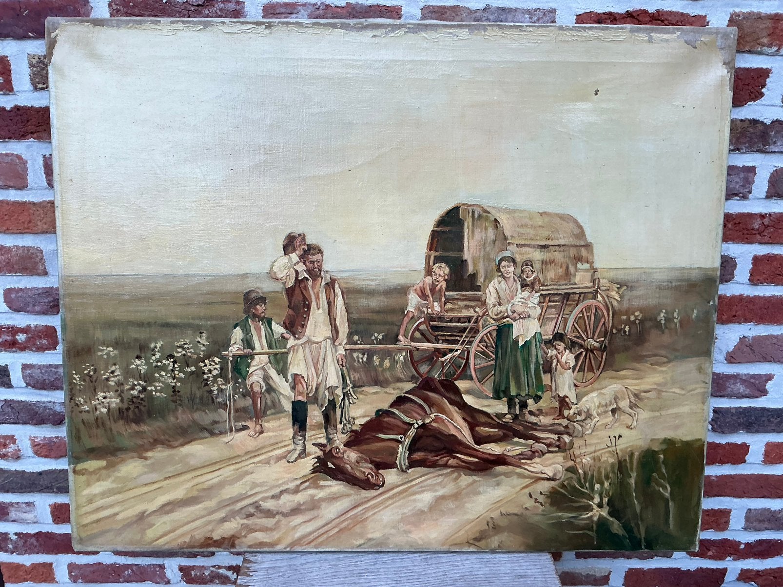 Olie op doek - Roma op de vlucht - afm. 82x67 cm, Ophalen