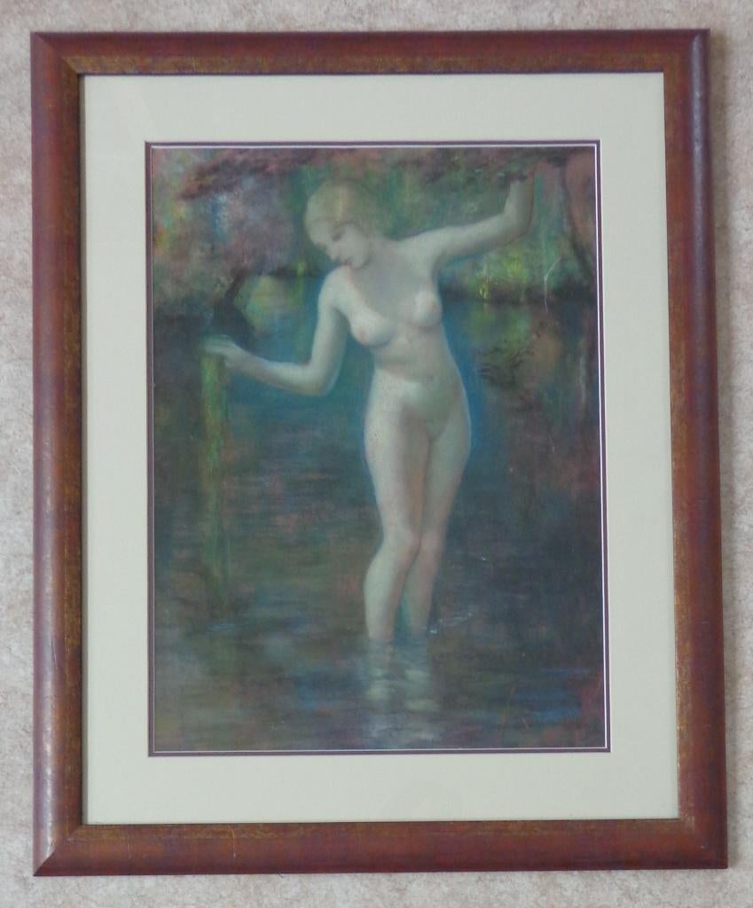 ONBEKEND / BADENDE NAAKTE VROUW / ORIGINEEL / 84x68cm KADER, Ophalen