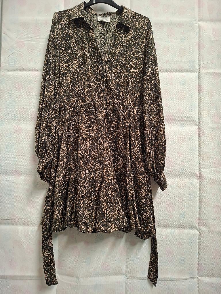 Cotton Club Satin Jules Dress Groen/Zwart/Beige M, Maat 38/40 (M), Bruin, Verzenden, Zo goed als nieuw