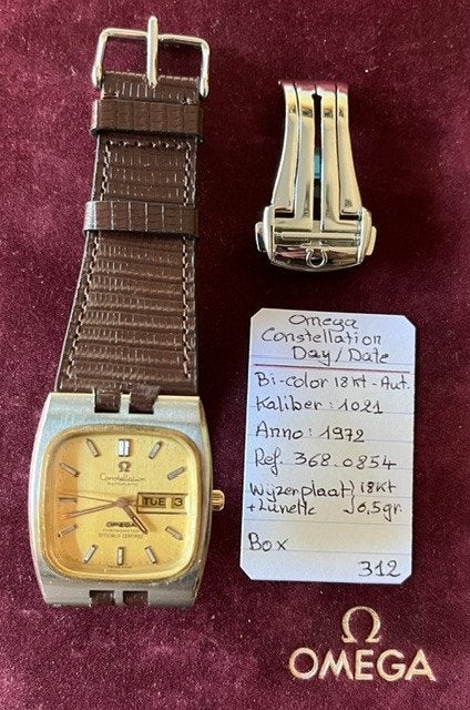 Omega Constellation Day/Date, Handtassen en Accessoires, Horloges | Heren, Overige materialen, Leer, Polshorloge, Ophalen of Verzenden