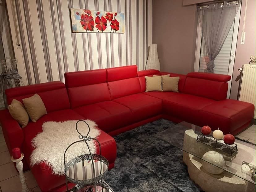 Salon cuir rouge en U, Huis en Inrichting, Zetels | Zetels, Ophalen, Overige maten, Hoekbank, Leer