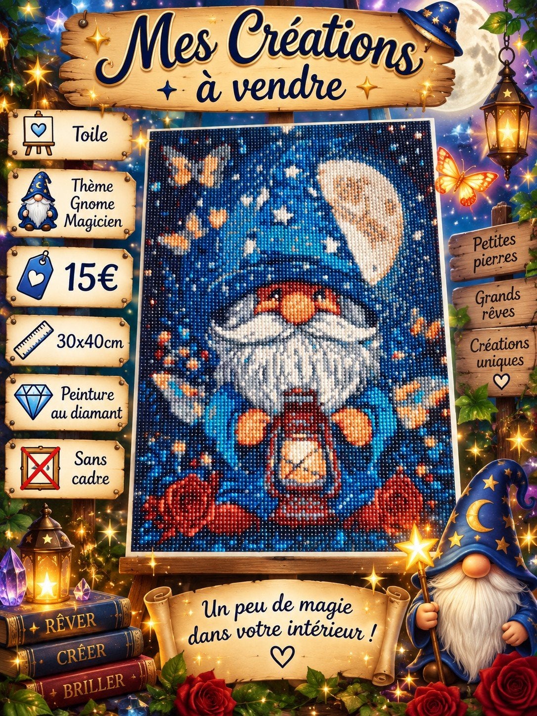 Gnome the Magician in Diamond Painting, frameloos canvas, Hobby en Vrije tijd, Ophalen of Verzenden, Zo goed als nieuw, Overige typen