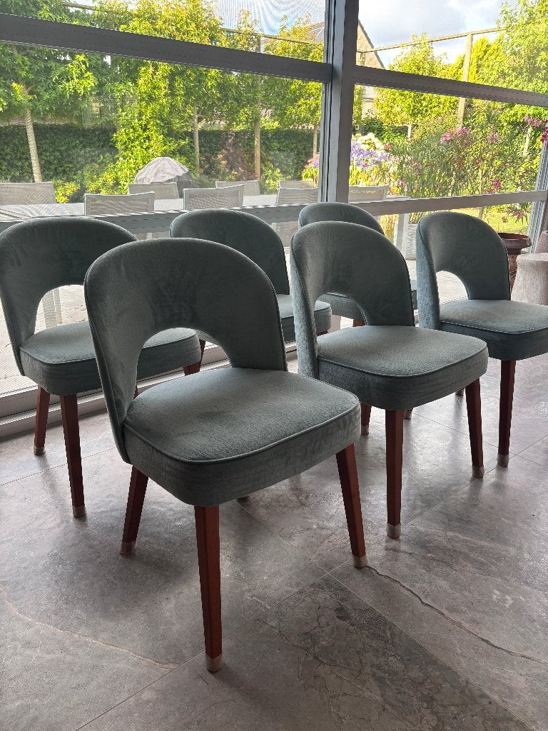 6 eetkamerstoelen en bijpassende hocker, Ophalen, Blauw, Zo goed als nieuw, Modern