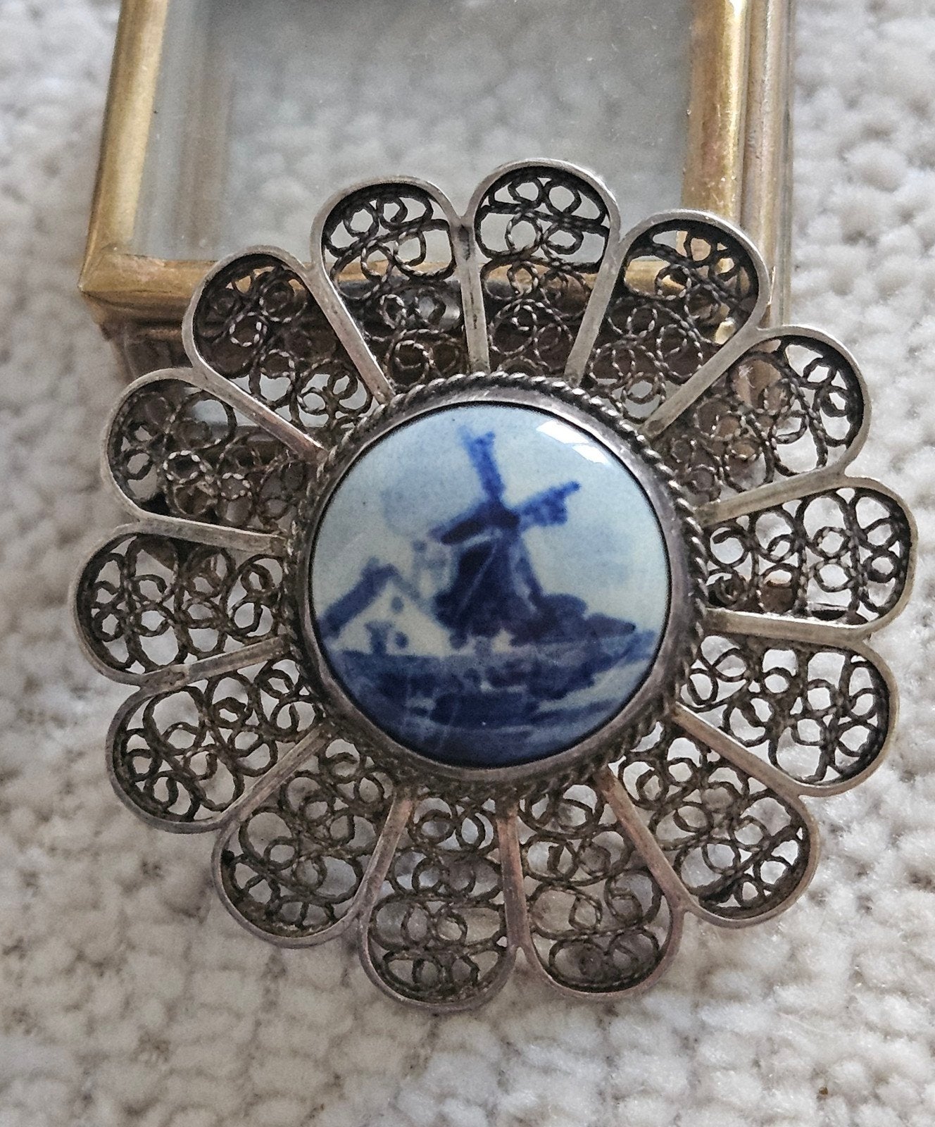 Broche vintage en argent et faïence de Delft, Enlèvement ou Envoi