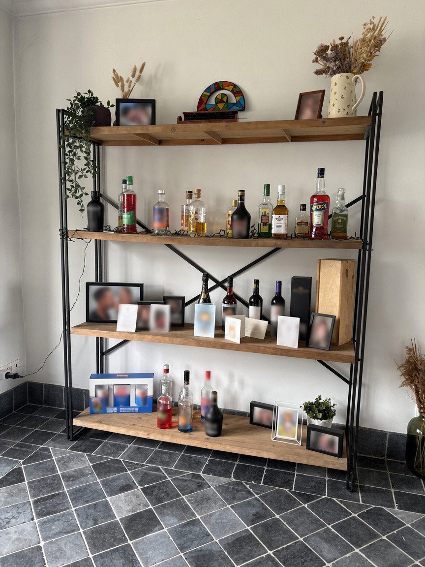 Industriële open kast / stellingkast – zwart metaal + hout, Ophalen, Zo goed als nieuw, Metaal