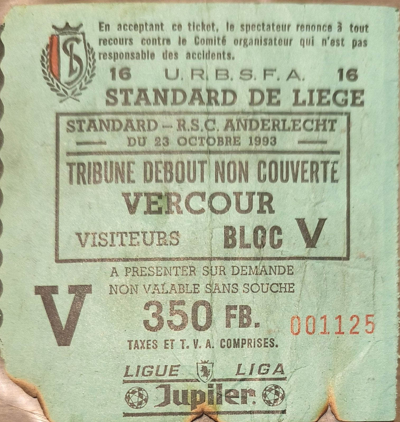 ticket 1993 Standard Anderlecht, Tickets & Billets