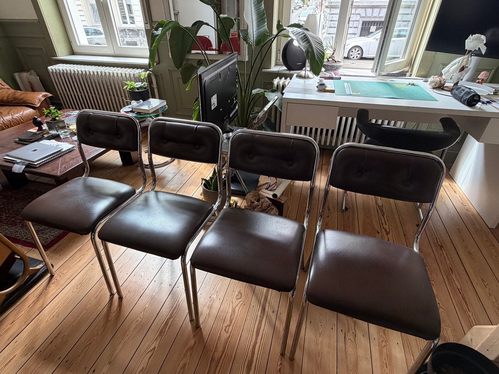 4 vintage stoelen chrome en bruin leer, Ophalen, Gebruikt, Bruin, Leer