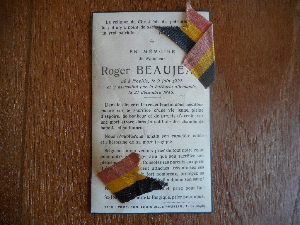 souvenir pieux Résistant Noville Bastogne 21 décembre 1944, Envoi