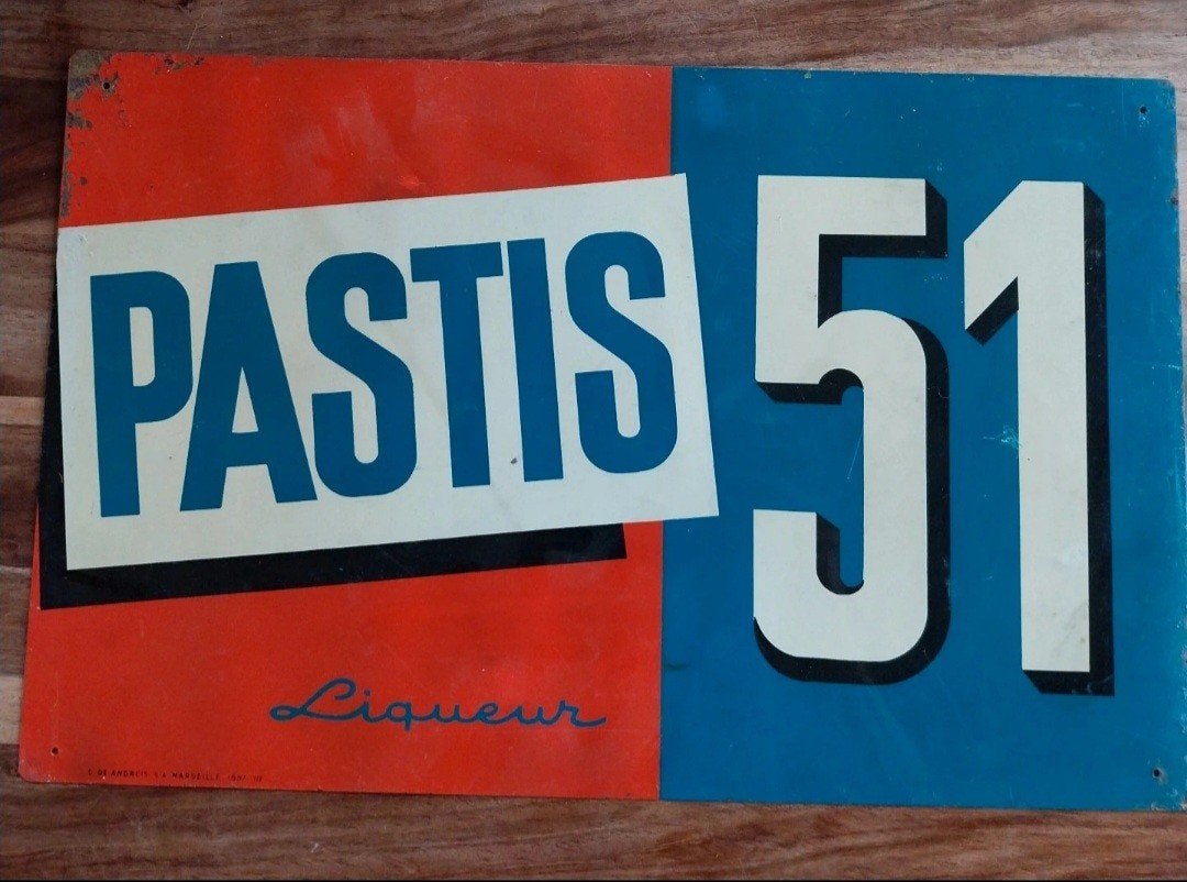 oud frans reclamebord Pastis 51 Marseille 1957, Verzamelen, Ophalen of Verzenden, Gebruikt, Reclamebord