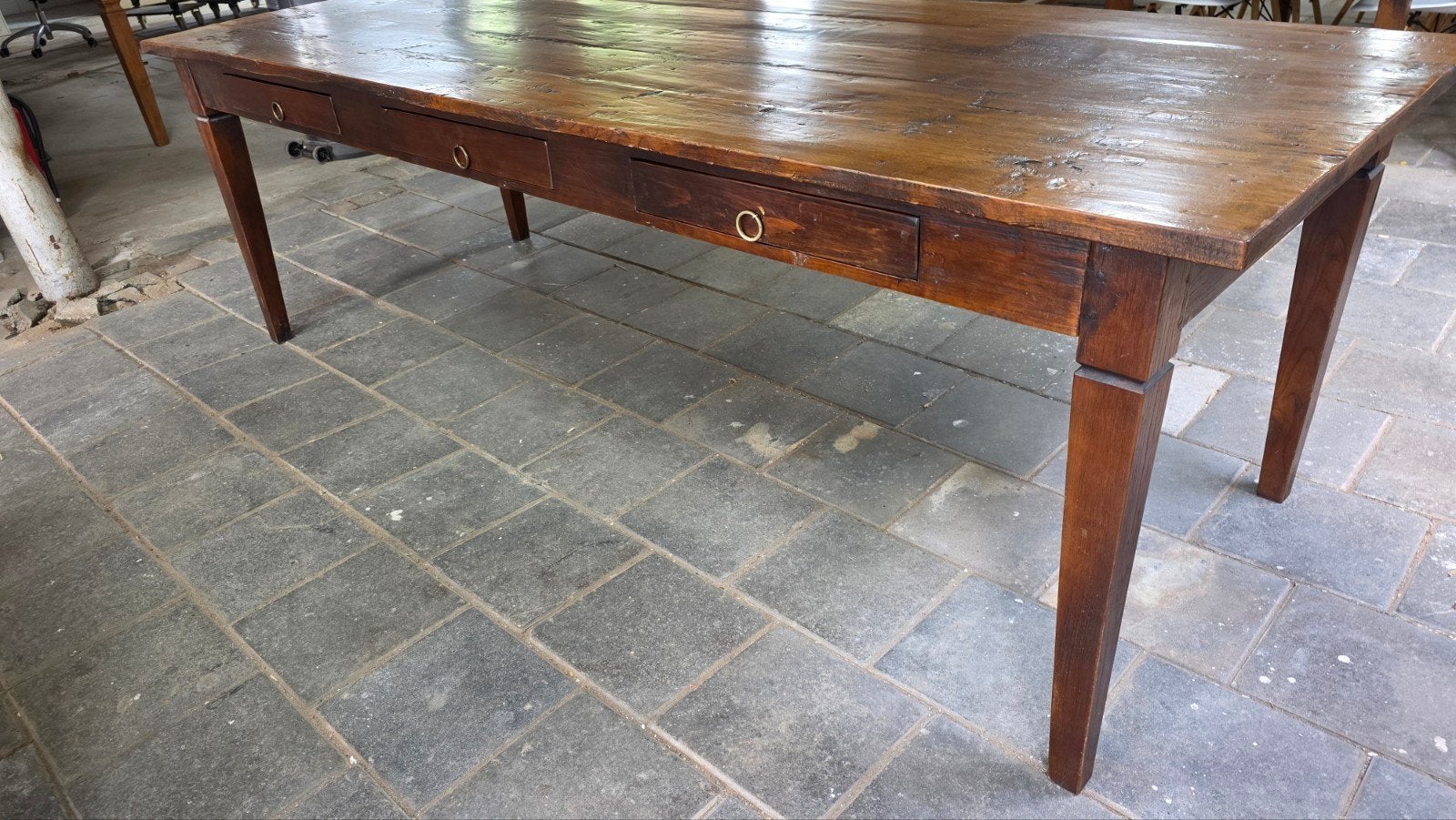 Authentieke boerentafel 250 cm lang met  3 laden, Huis en Inrichting, Tafels | Eettafels, Verzenden, Gebruikt