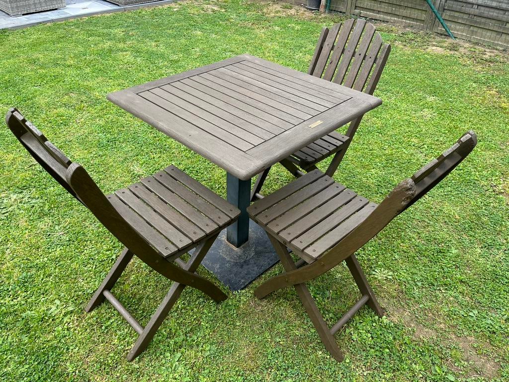 Bristol terras , tafel en 3 stoelen , tuin , teak, Ophalen, Zo goed als nieuw