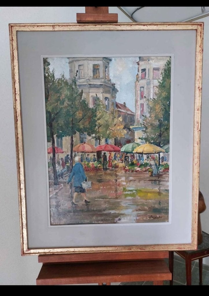 Schilderij. Jos Callaerts. Bloemenmarkt., Enlèvement ou Envoi, Autres styles, Paysage urbain / rural, Signé