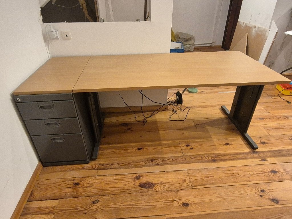 Vintage MEWAF Kantoor Set (Bureau, Ladeblok & Roldeurkast), Maison & Meubles, Autres marques, Métal, Réglable en hauteur, Enlèvement