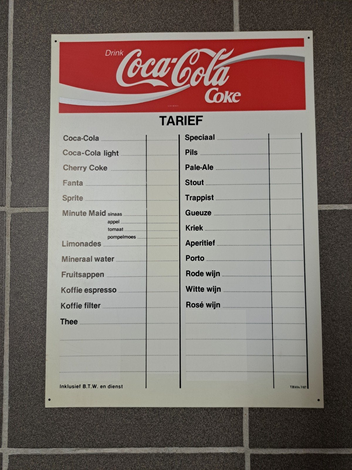 Originele vintage Coca Cola prijslijst, Enlèvement ou Envoi
