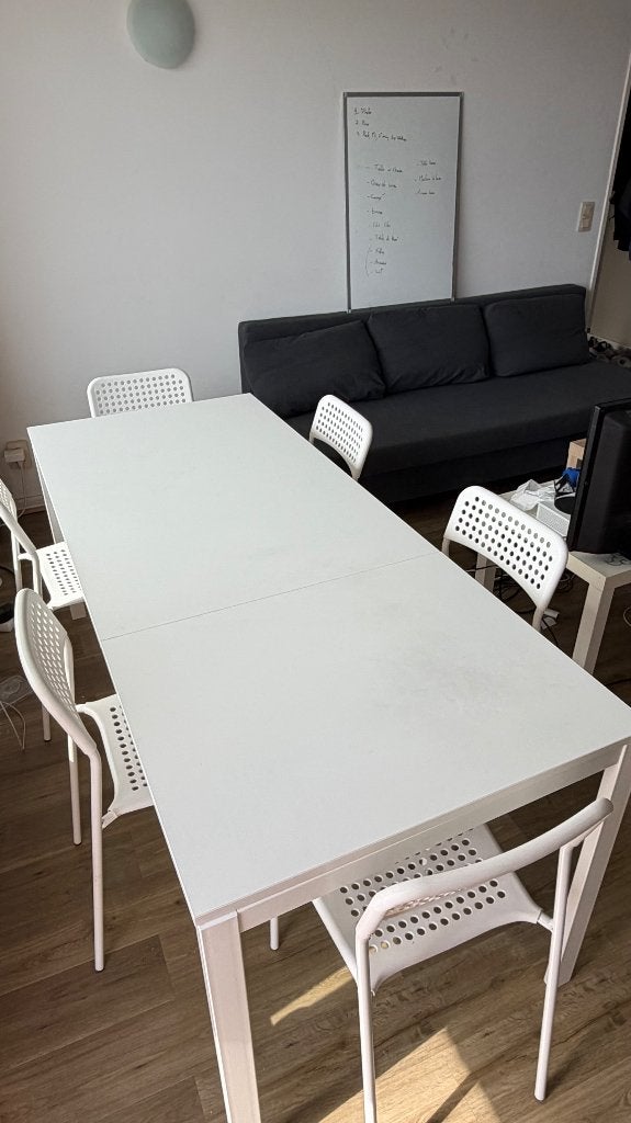 Table à manger IKEA blanche extensible + 6 chaises, Maison & Meubles, Salles à manger complètes, Comme neuf, Enlèvement