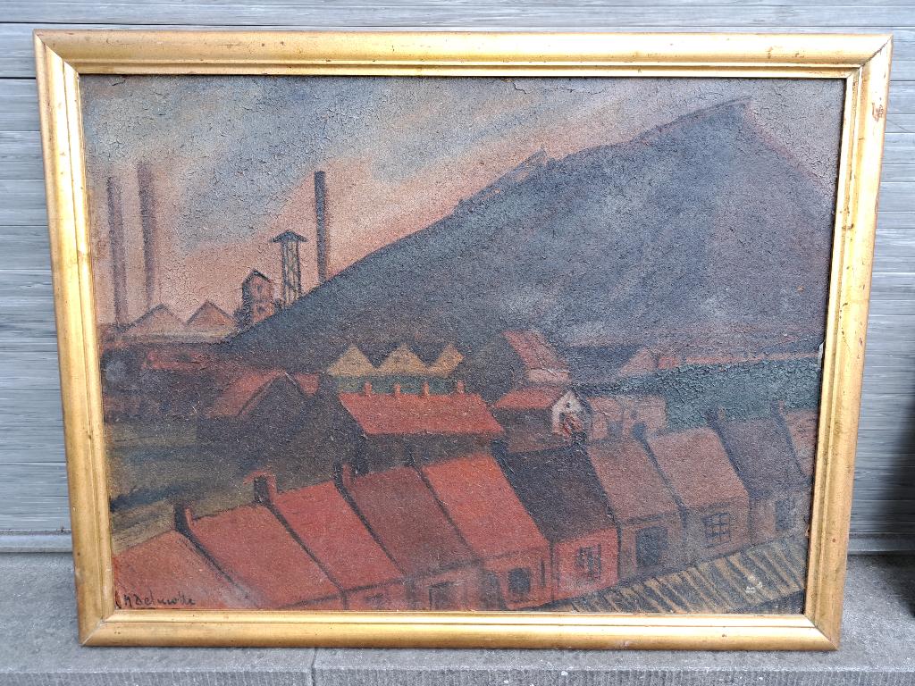 Huile sur panneau charbonnage signe.marcel delmotte, Antiquités & Art, Enlèvement ou Envoi