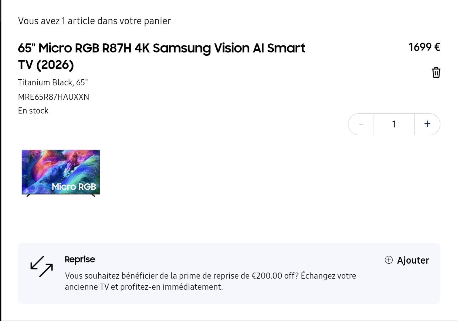 65" Micro RGB R87H 4K Samsung Vision AI Smart TV (2026) NEUF, TV, Hi-fi & Vidéo, Neuf, 60 à 80 cm, 120 Hz, Enlèvement