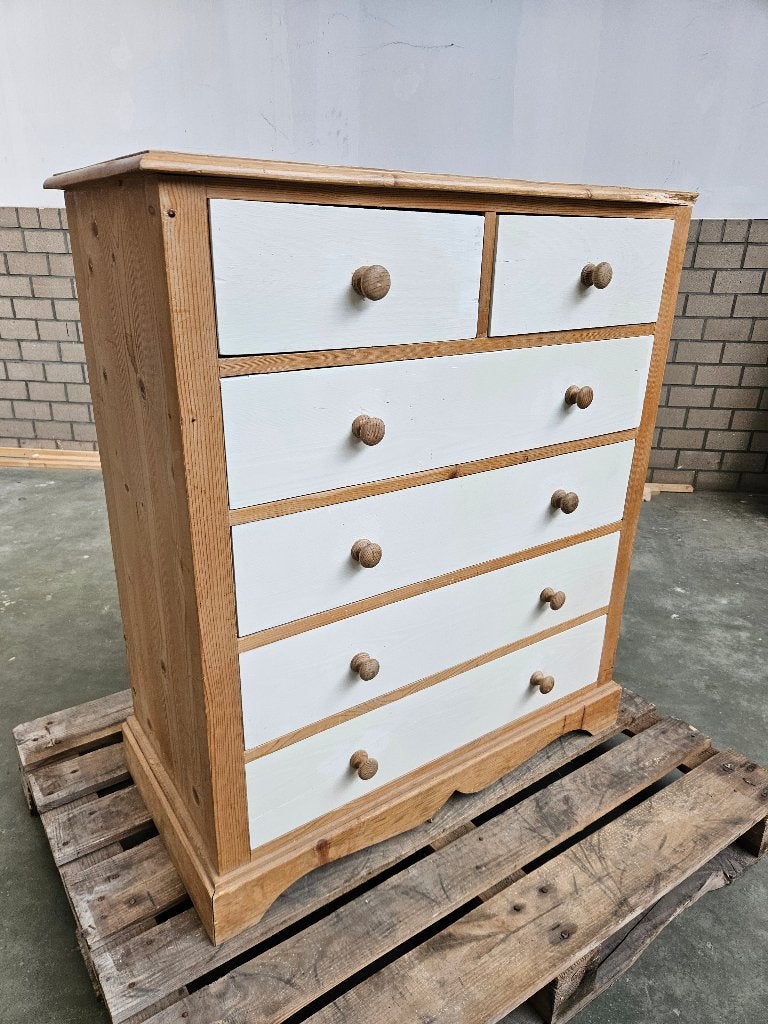 Commode en pin massif  6 tiroirs blancs, 25 à 50 cm, 5 tiroirs ou plus, Cottage campagne rustique, Enlèvement