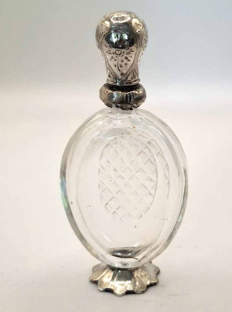 Antiek Biedermeier parfumflesje met zilver dop en voetje, Ophalen of Verzenden