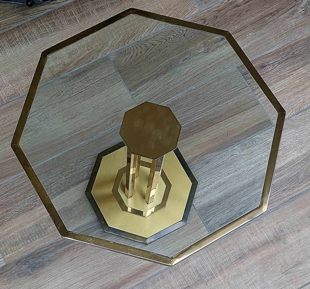 Kleine achthoekige salontafel van messing en glas - jaren 70, Ophalen