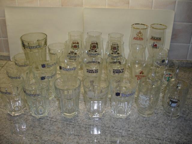 25 verschillende bierglazen Hoegaarden, 0,50 ; 1,00 ; 1,50, Collections, Marques de bière, Comme neuf, Verre ou Verres, Autres marques