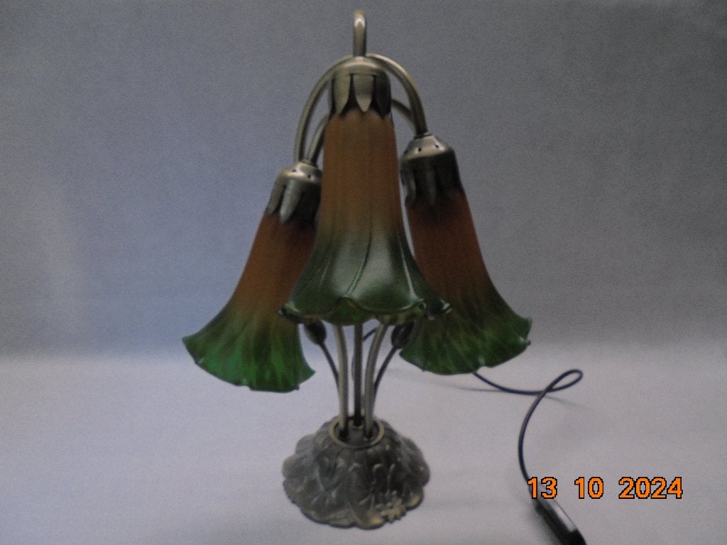 "Art Nouveau" Stijl Tafellamp met 3 glaskelken., Ophalen of Verzenden, Gebruikt, Glas