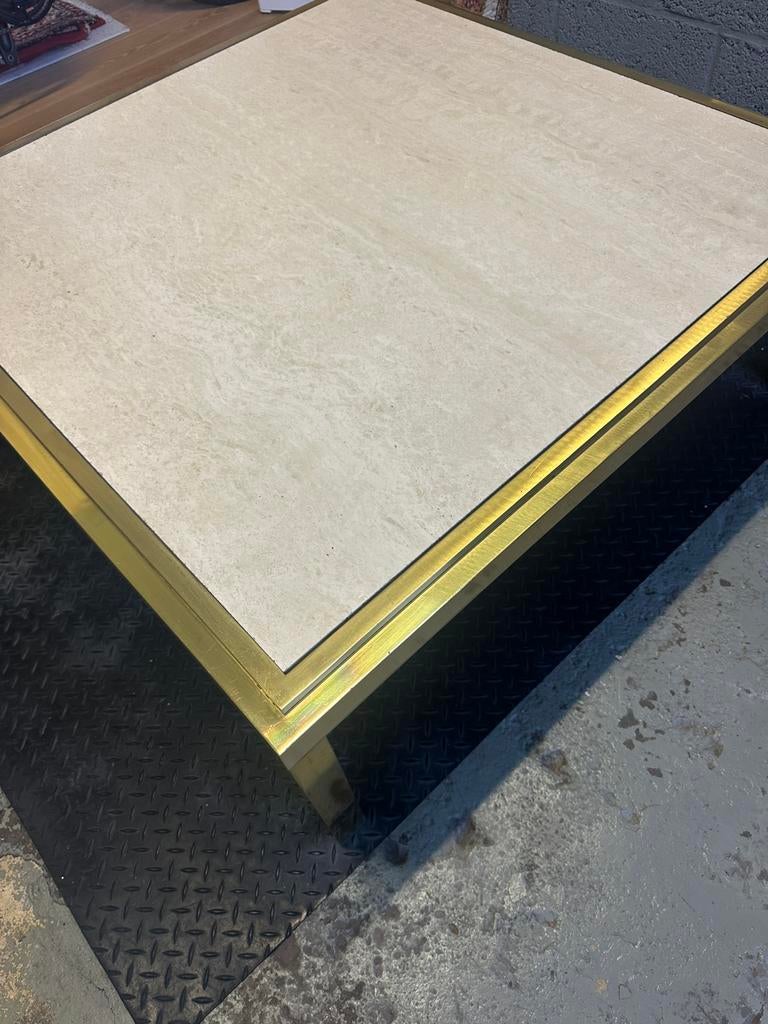 Vintage Travertin/messing salontafel BELGO CHROM, Ophalen, Gebruikt, Vierkant
